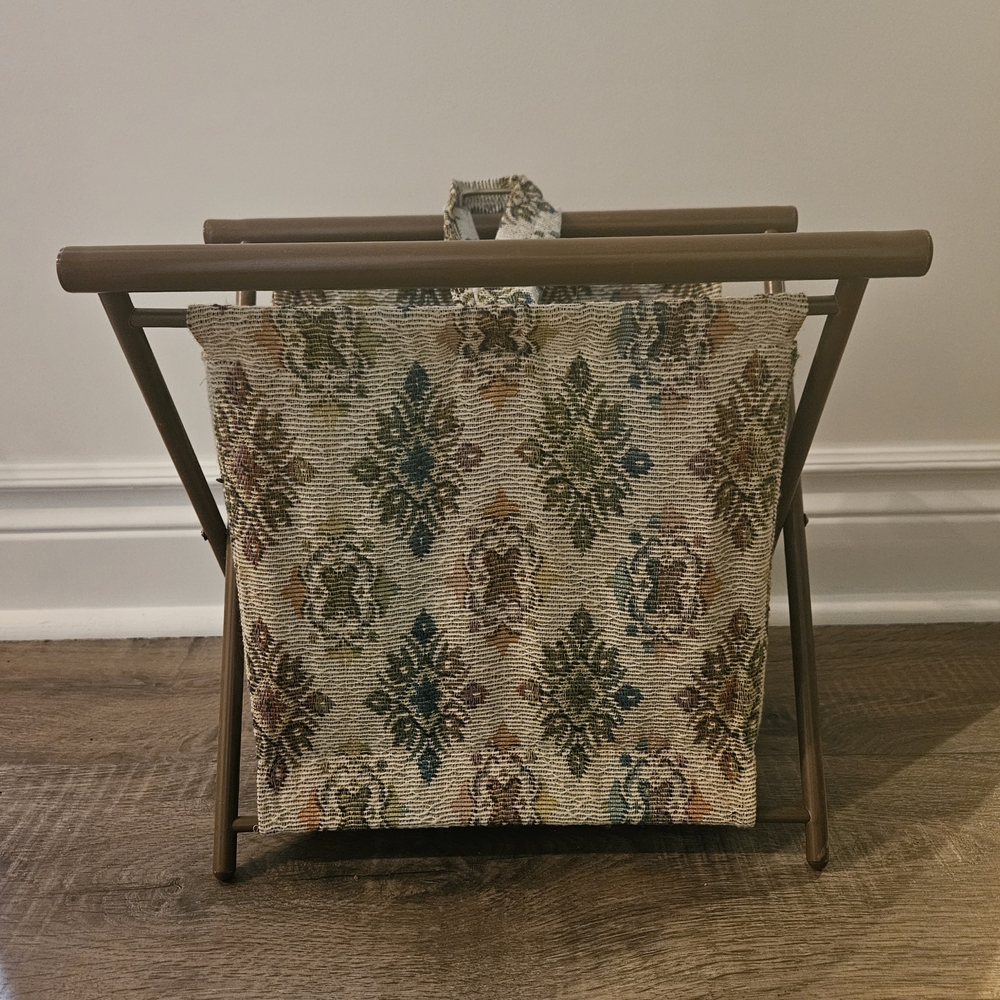 Vintage Foldable Tapestry Sewing Basket With Wood Frame